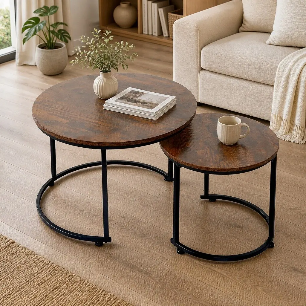 Round Nesting Coffee Table Set Wood Side Table Space Saving Modern Living Room