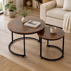 Round Nesting Coffee Table Set Wood Side Table Space Saving Modern Living Room
