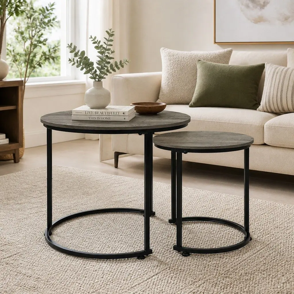 Round Nesting Coffee Table Set with Metal Frame