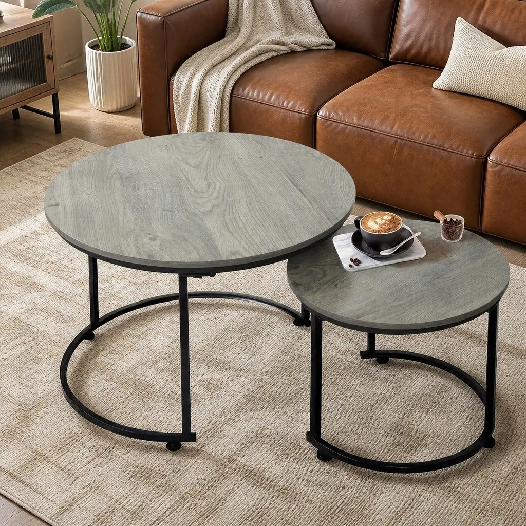 Round Nesting Coffee Table Set with Metal Frame