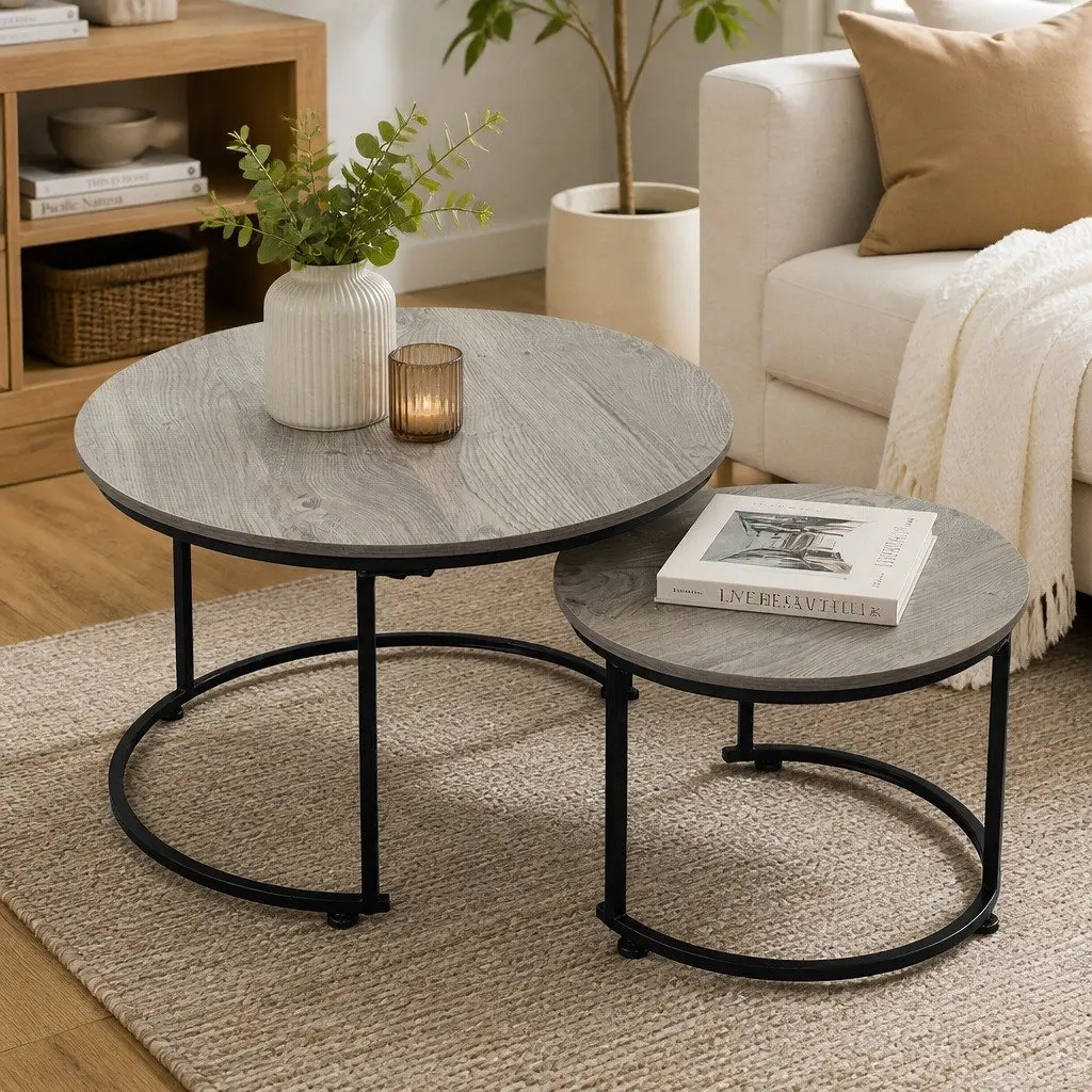 Round Nesting Coffee Table Set with Metal Frame