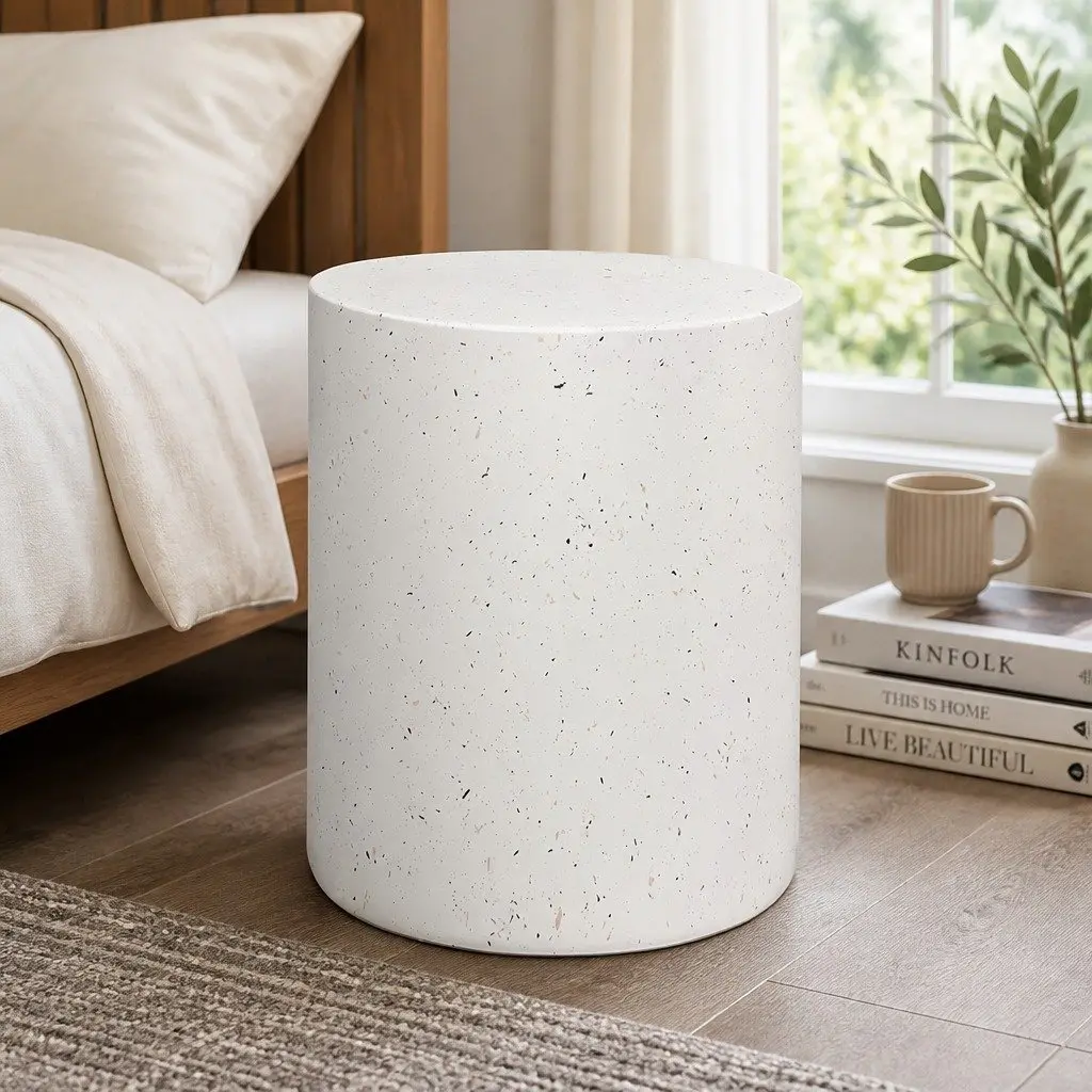 Round Terrazzo Side Table Magnesium Cement 39.5cm Beige Cylinder Shape