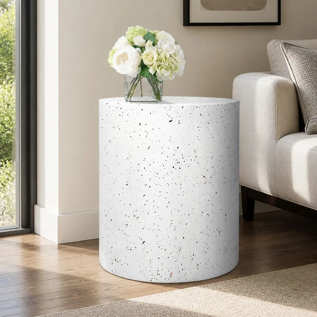 Round Terrazzo Side Table Magnesium Cement 39.5cm Beige Cylinder Shape