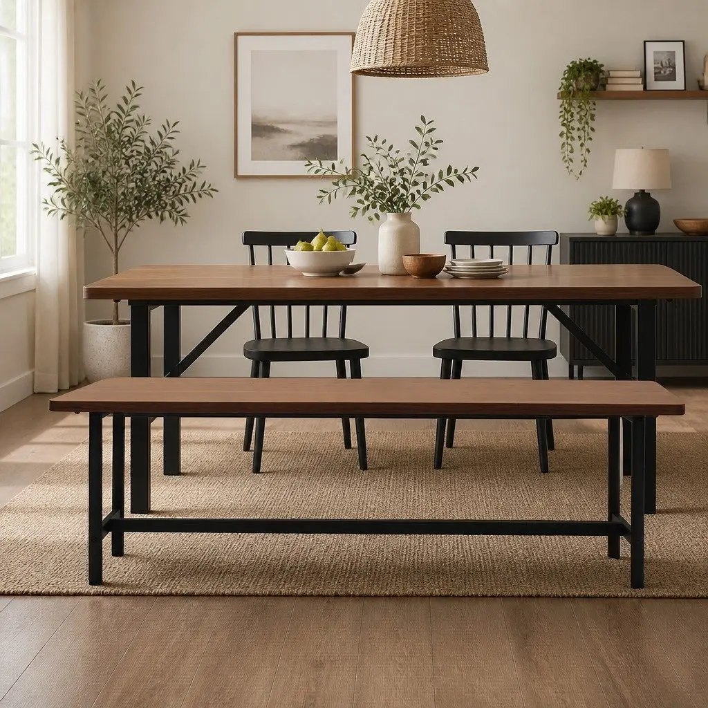 Dining Bench Chair MDF 140cm Brown Steel Frame