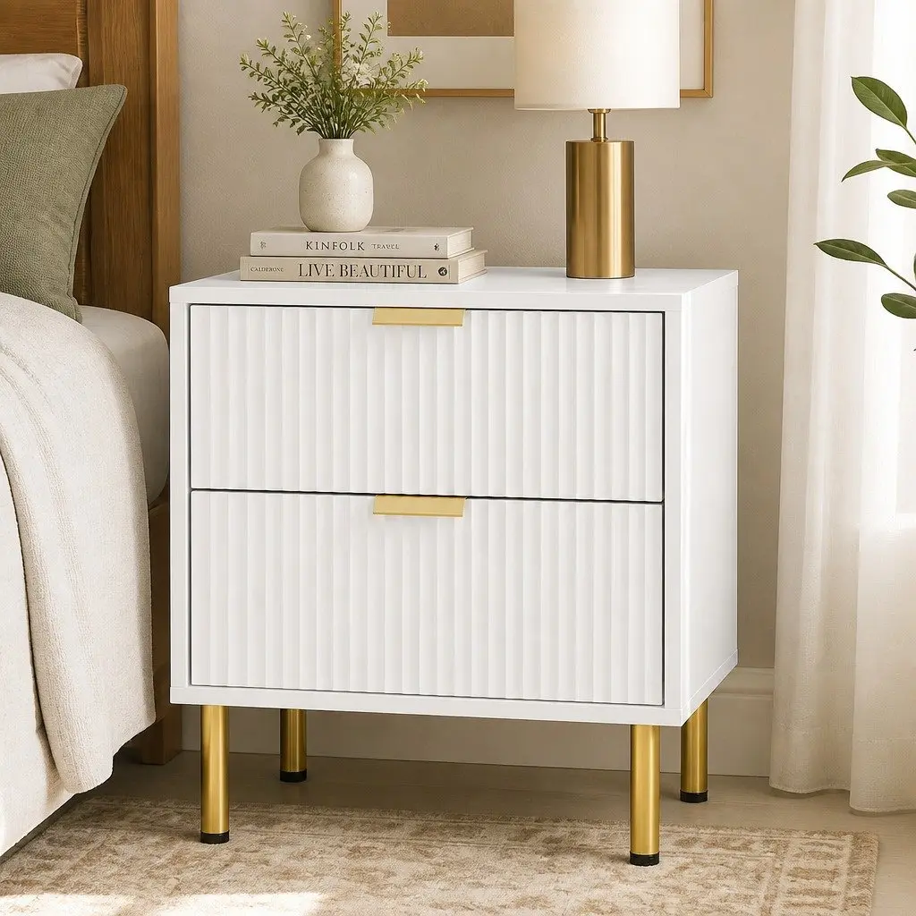 Bedside Table MDF White 2 Drawers Metal Legs