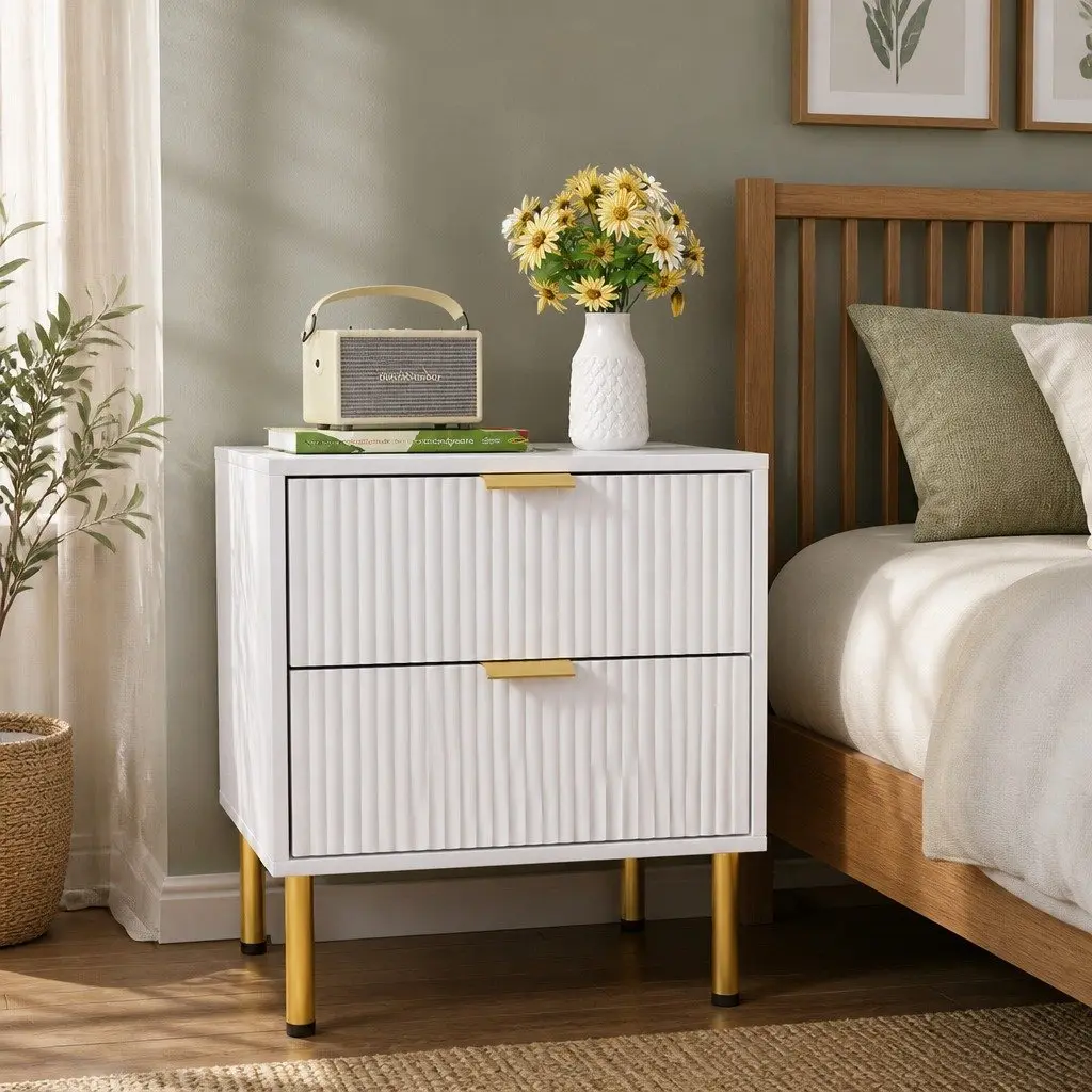 Bedside Table MDF White 2 Drawers Metal Legs