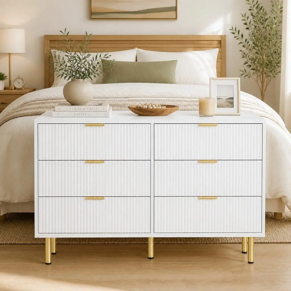 Chest of Drawers MDF Steel 120cm x 40cm x 75cm White Gold