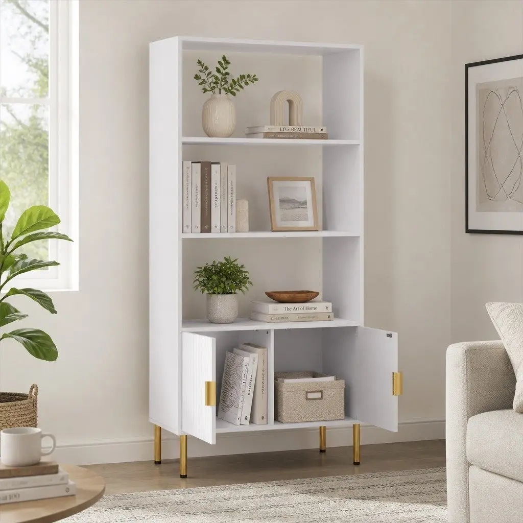 Display Shelf 3 Tier Bookshelf Open Storage Cabinet with Doors White