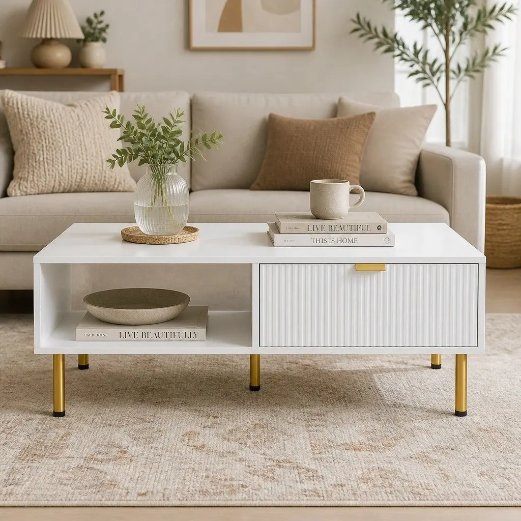 White Gold Coffee Table with Storage Drawer