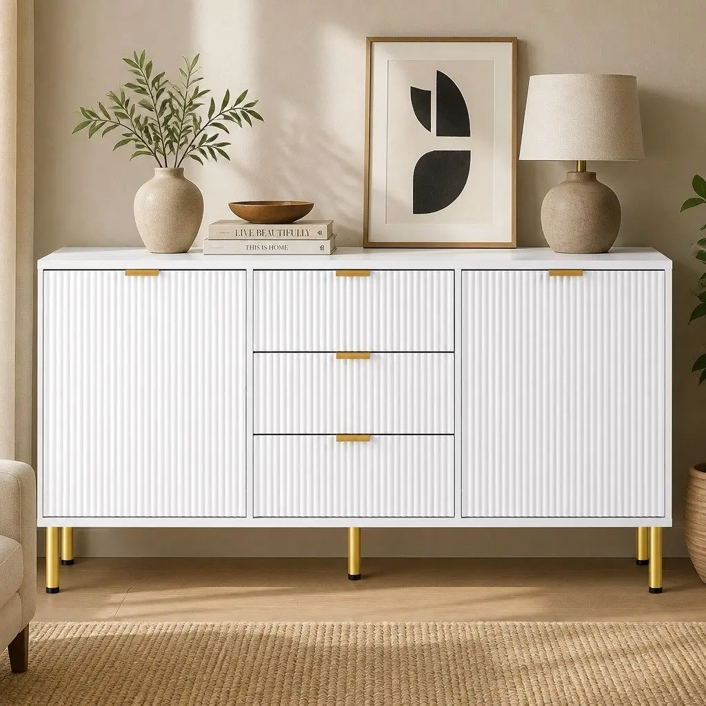 White Sideboard Cabinet with 3 Drawers and 2 Doors