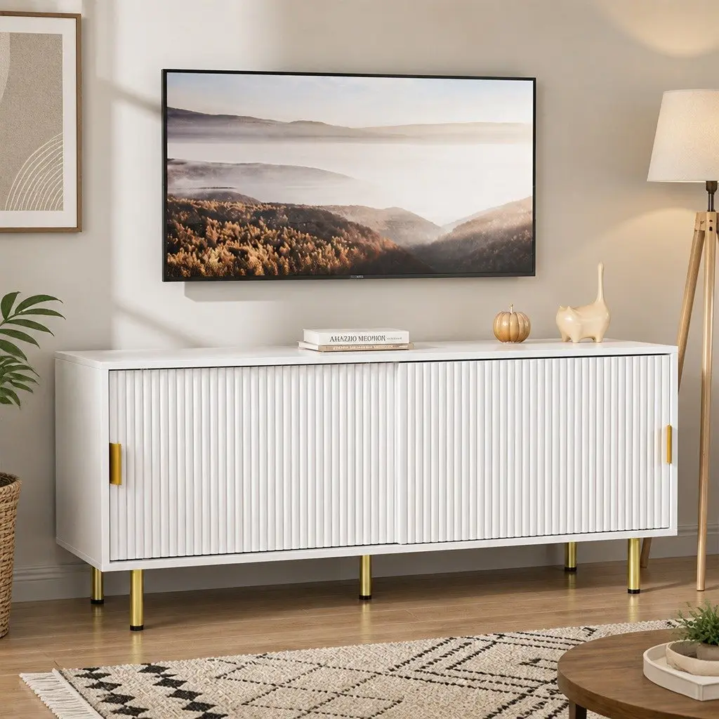 TV Cabinet MDF Steel Frame 120cm White Gold