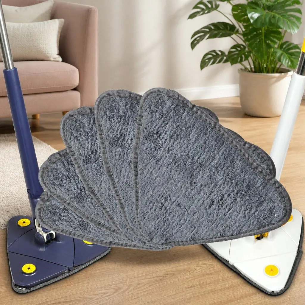Cleaning Mop Microfibre 130cm x 27cm White Navy Blue with 360° Rotatable Head and 5 Microfibre Cloth Pads