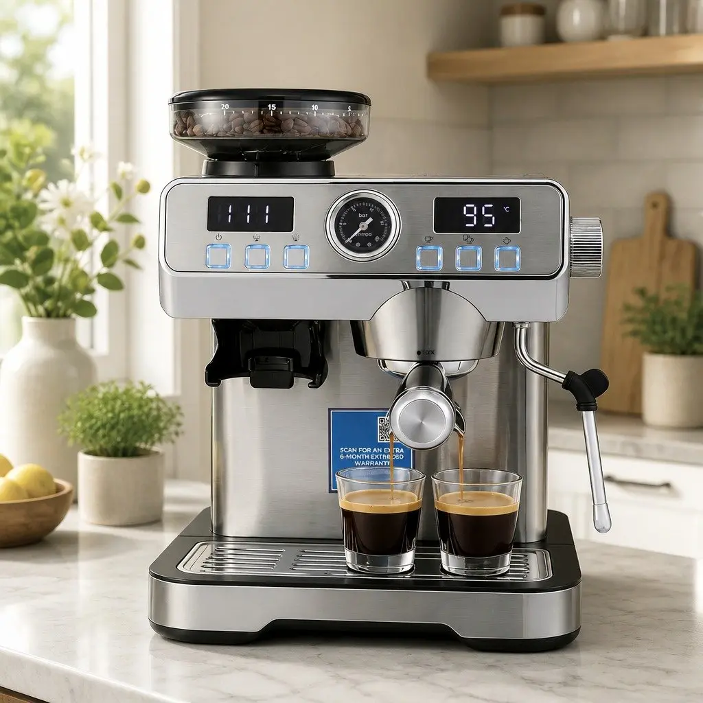 Espresso Coffee Machine Metal Silver with Grinder Milk Frother Steam Wand Mug Warmer