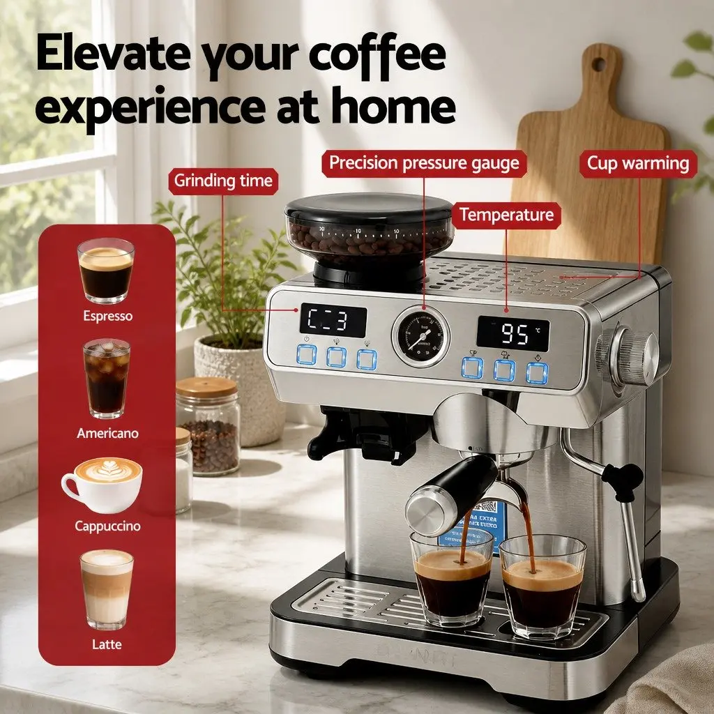 Espresso Coffee Machine Metal Silver with Grinder Milk Frother Steam Wand Mug Warmer