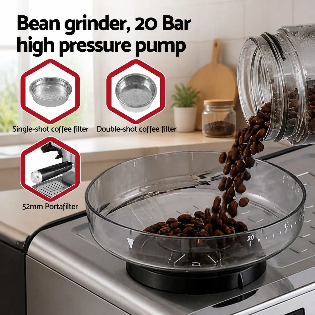 Espresso Coffee Machine Metal Silver with Grinder Milk Frother Steam Wand Mug Warmer