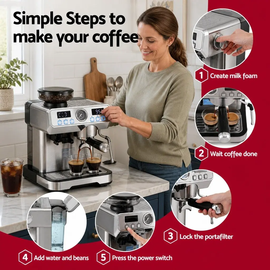 Espresso Coffee Machine Metal Silver with Grinder Milk Frother Steam Wand Mug Warmer