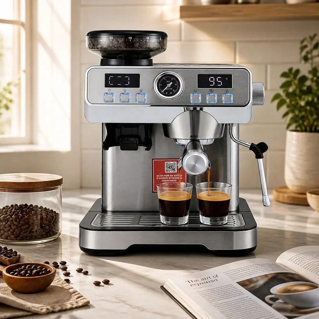 Espresso Coffee Machine Metal Silver with Grinder Milk Frother Steam Wand Mug Warmer