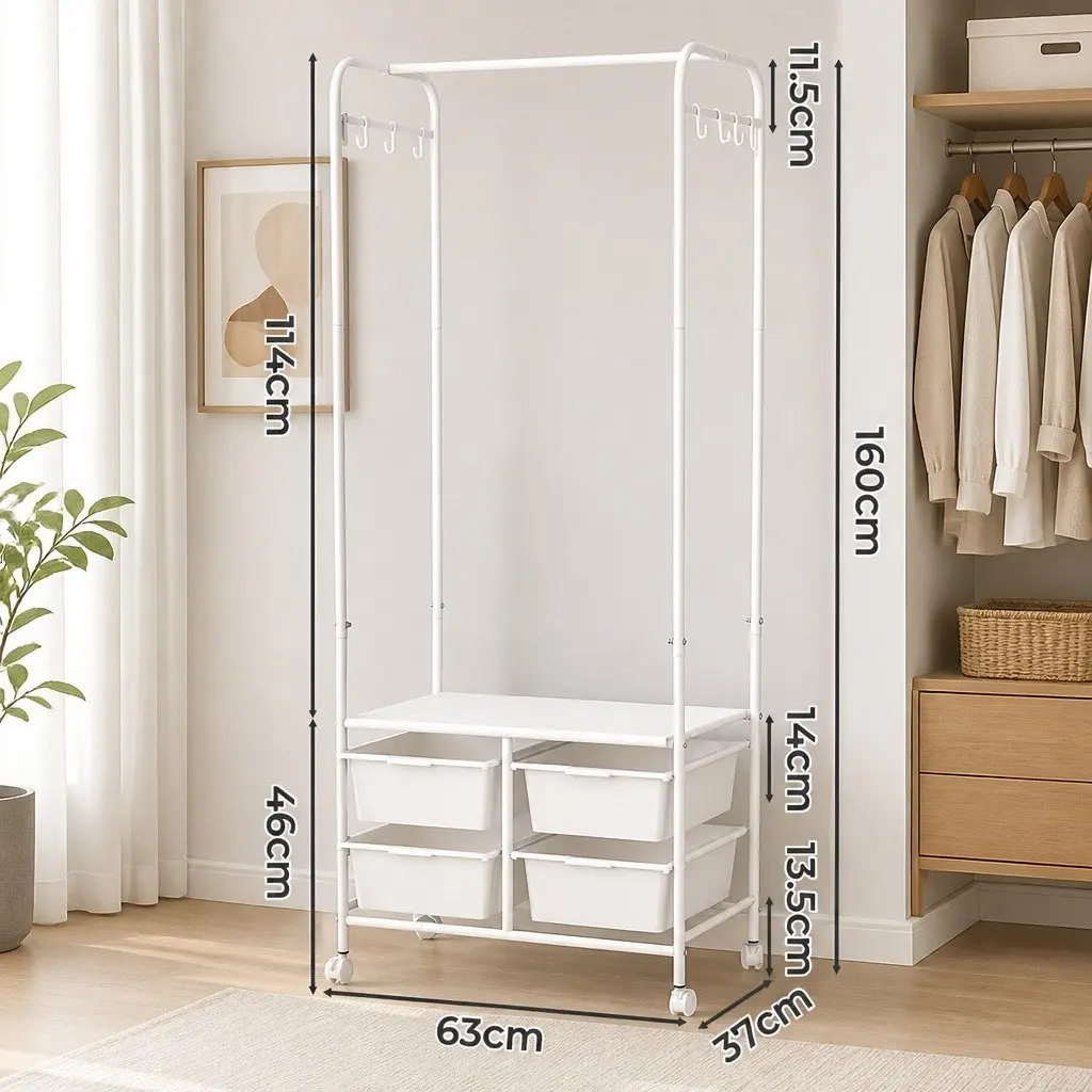 Clothes Rack Stand with Storage and Hooks