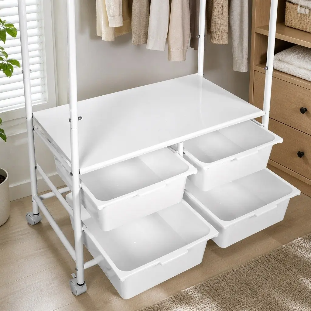 Clothes Rack Stand with Storage and Hooks