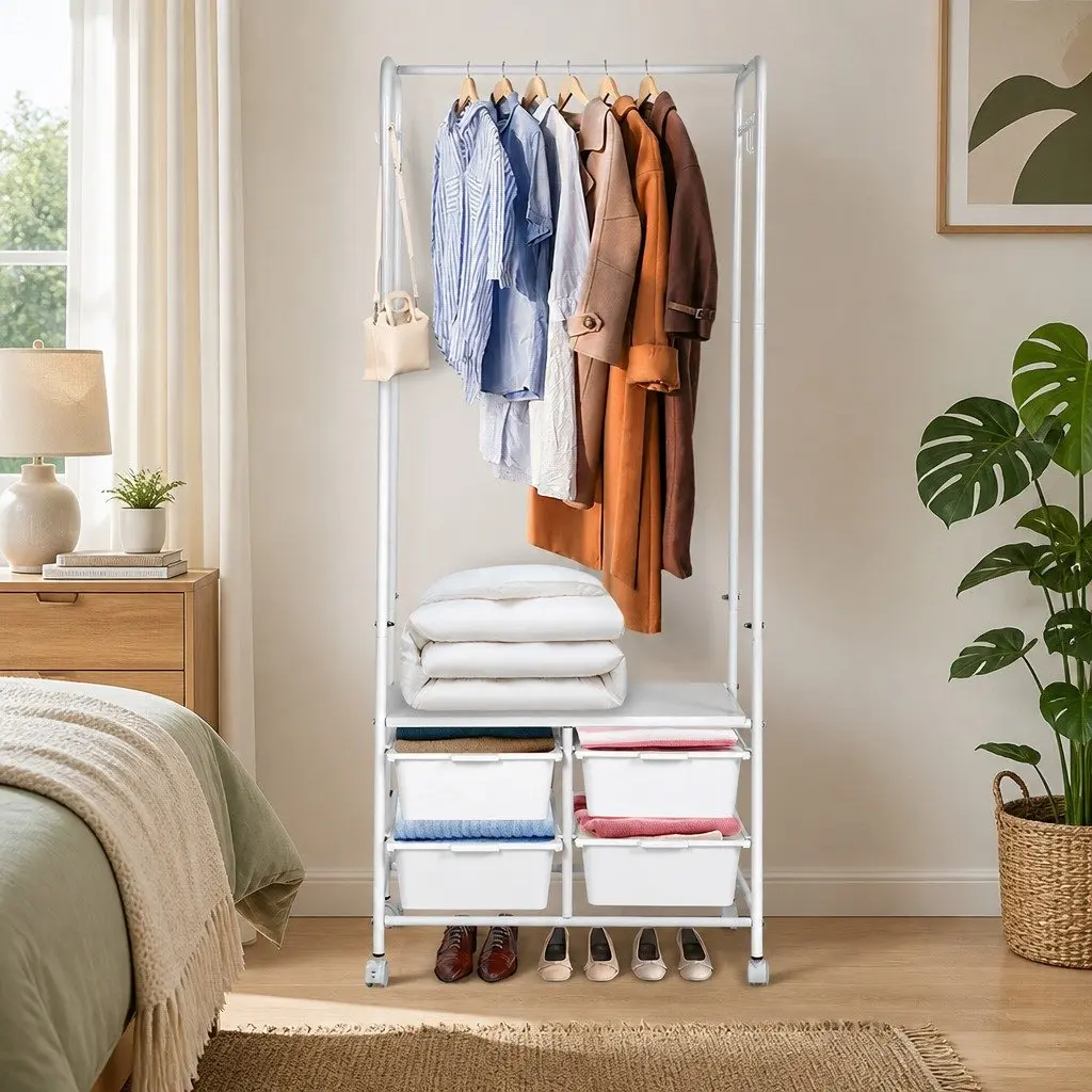 Clothes Rack Stand with Storage and Hooks