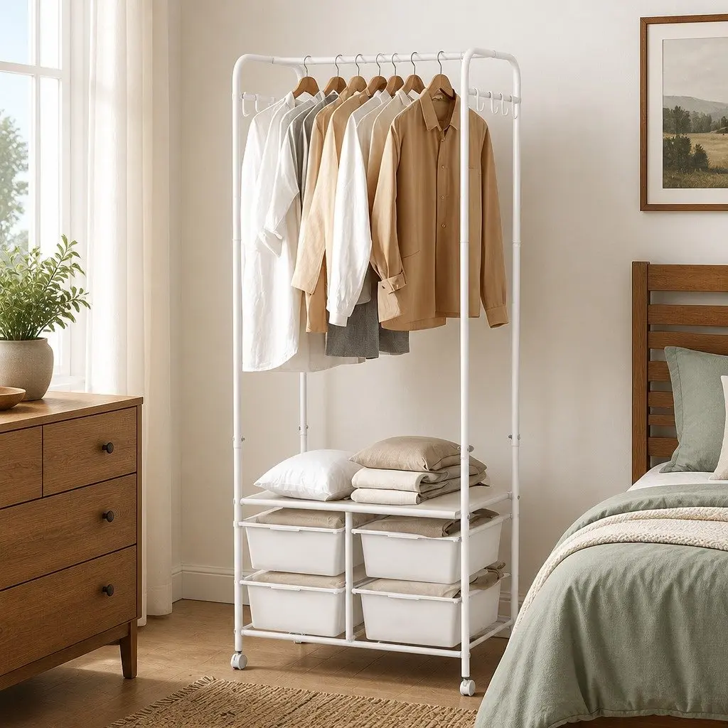 Clothes Rack Stand with Storage and Hooks