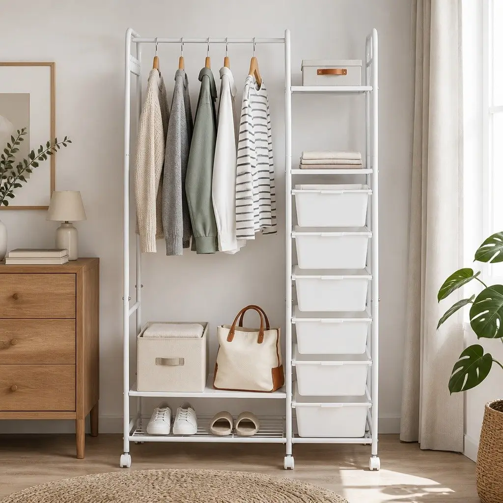 Clothes Rack Stand 94cm Wardrobe Organizer Hanging Bar Storage Boxes Wheels