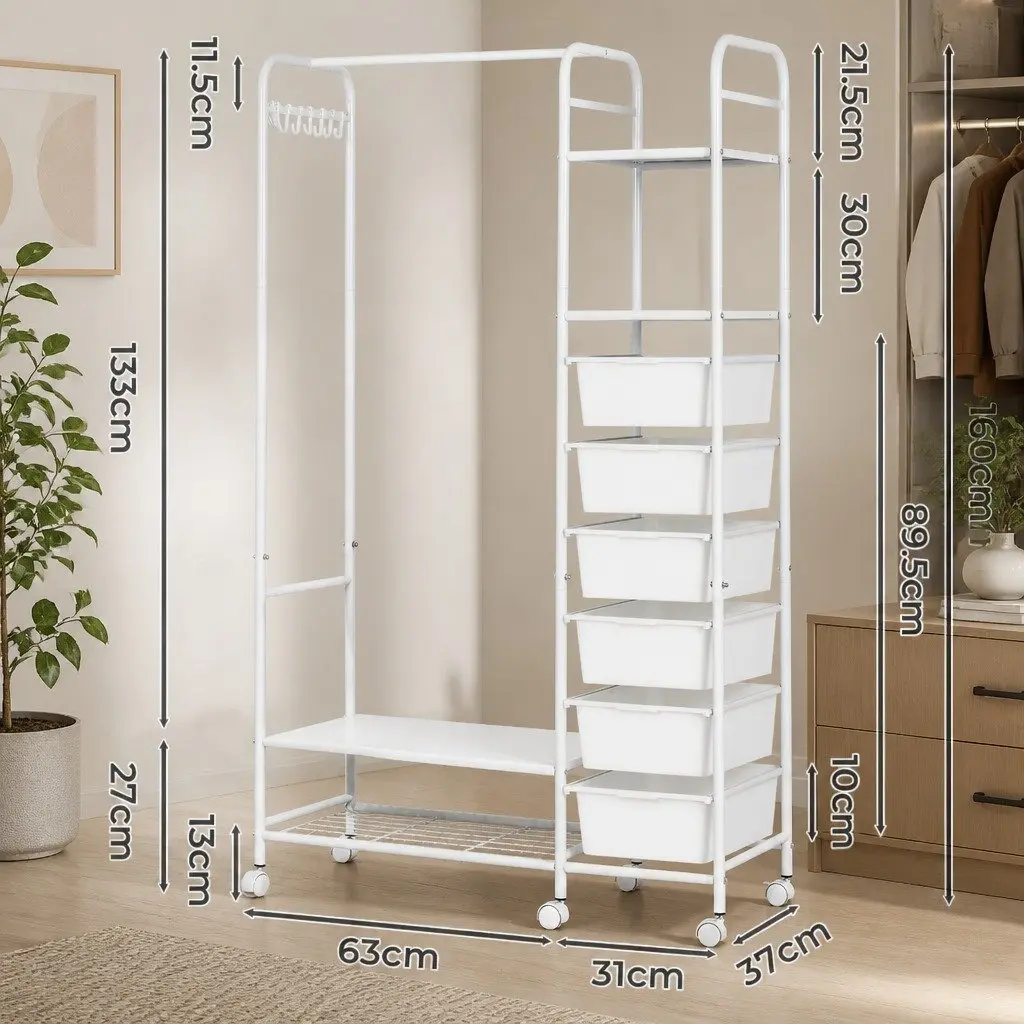 Clothes Rack Stand 94cm Wardrobe Organizer Hanging Bar Storage Boxes Wheels