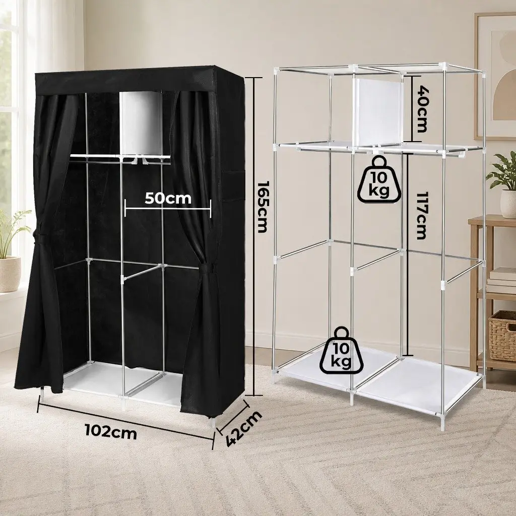 Fabric Wardrobe Organizer Storage Closet Steel 102cm Black Silver