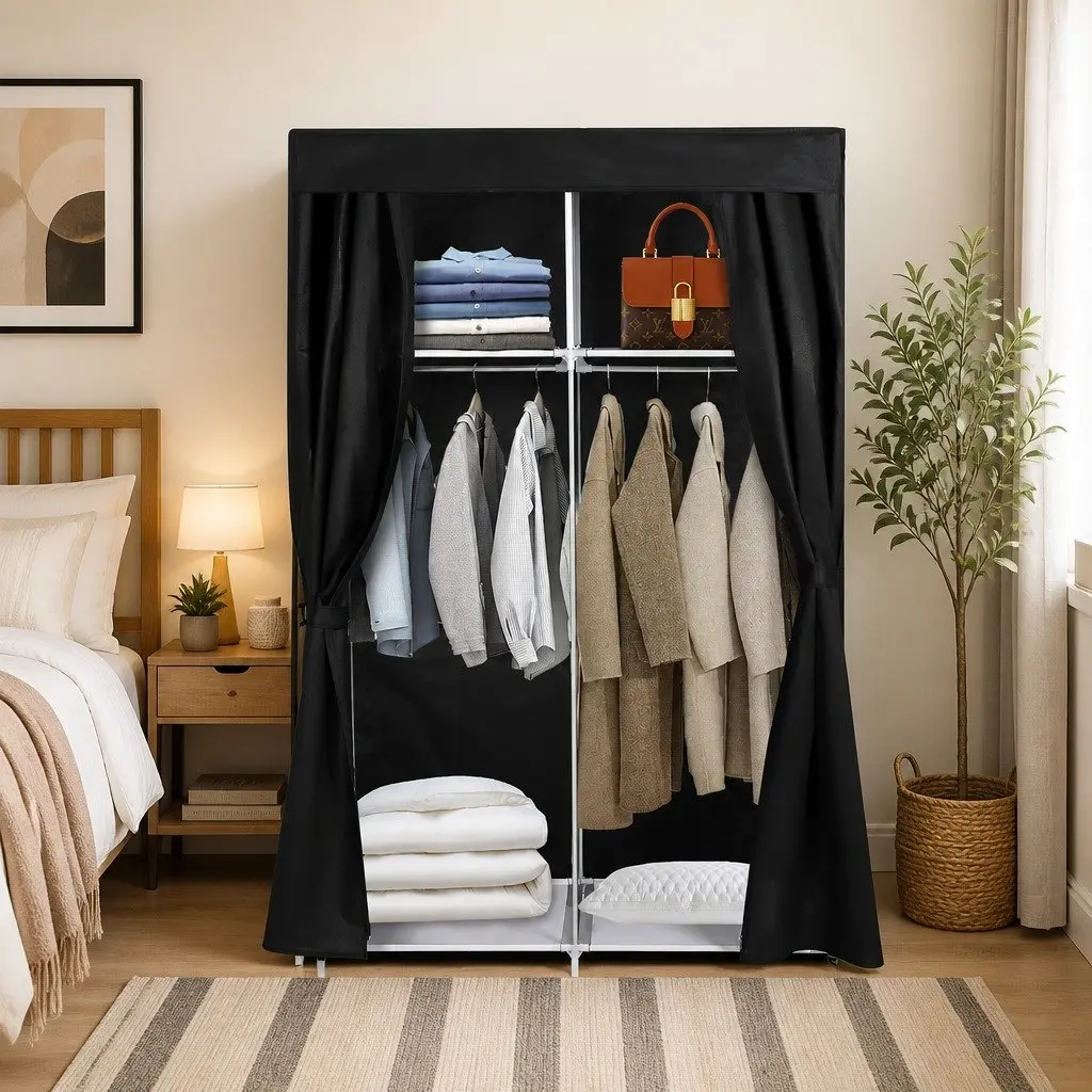 Fabric Wardrobe Organizer Storage Closet Steel 102cm Black Silver