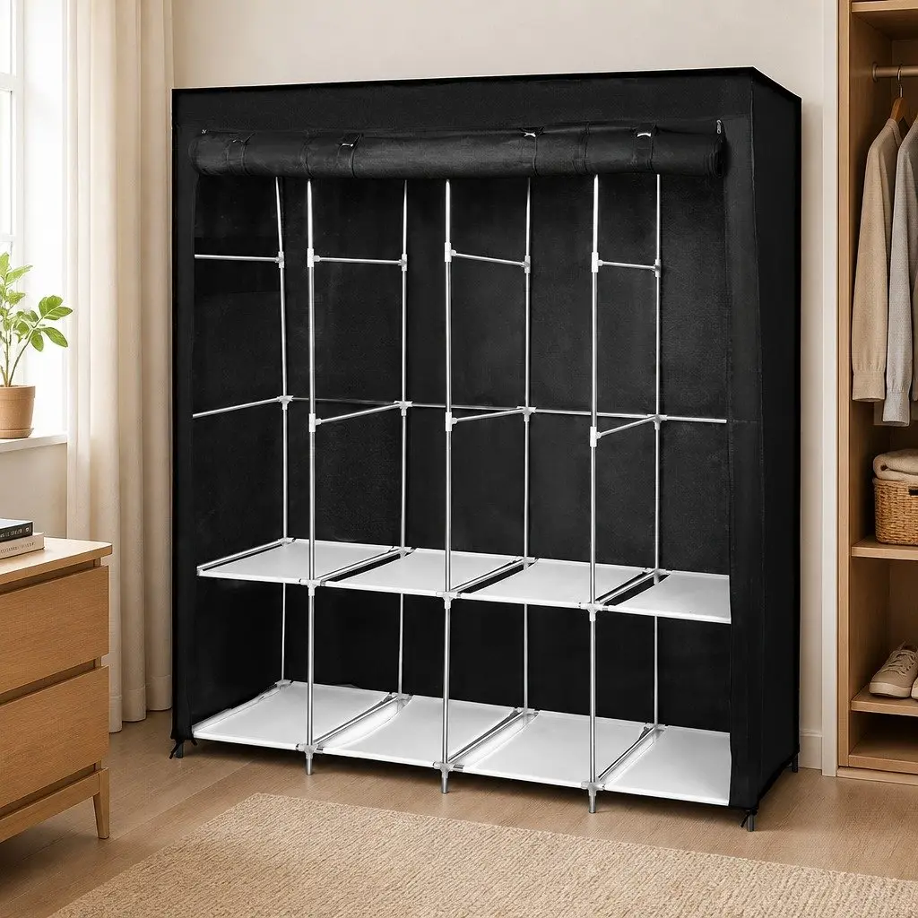 Fabric Wardrobe Organizer Portable 166cm Height Black and Silver