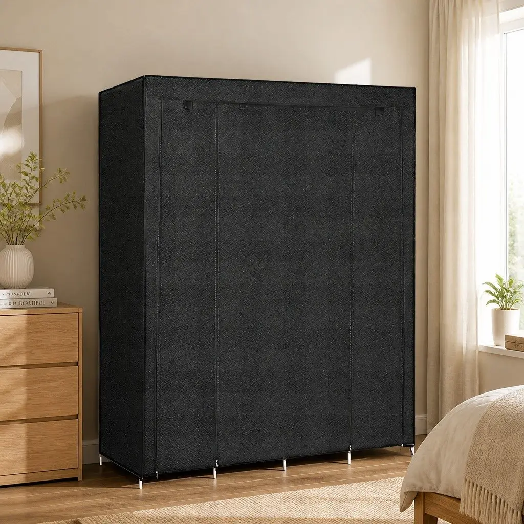 Fabric Wardrobe Organizer Portable 166cm Height Black and Silver