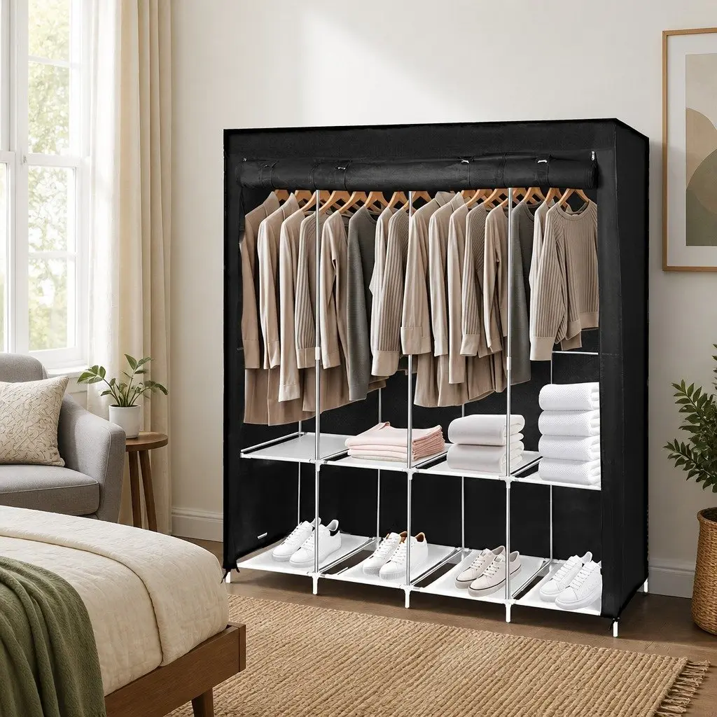 Fabric Wardrobe Organizer Portable 166cm Height Black and Silver