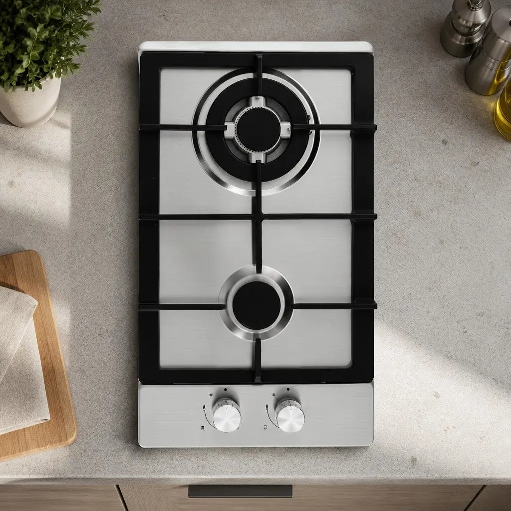 30cm Gas Cooktop 2 Burner Built-in Stove Wok Silver Stainless Steel Kitchen