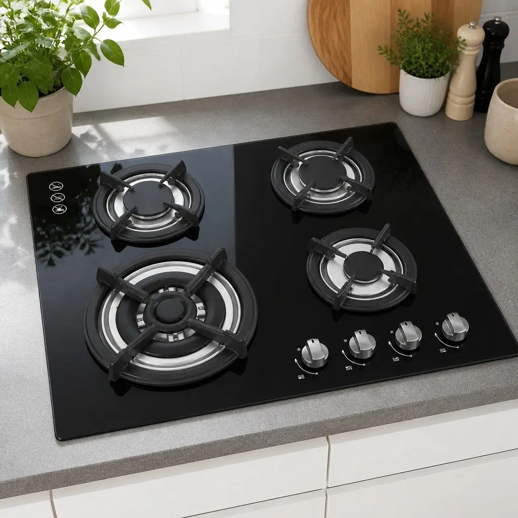 60cm Gas Cooktop with 4 Burners in Black Tempered Glass