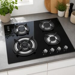 60cm Gas Cooktop with 4 Burners in Black Tempered Glass