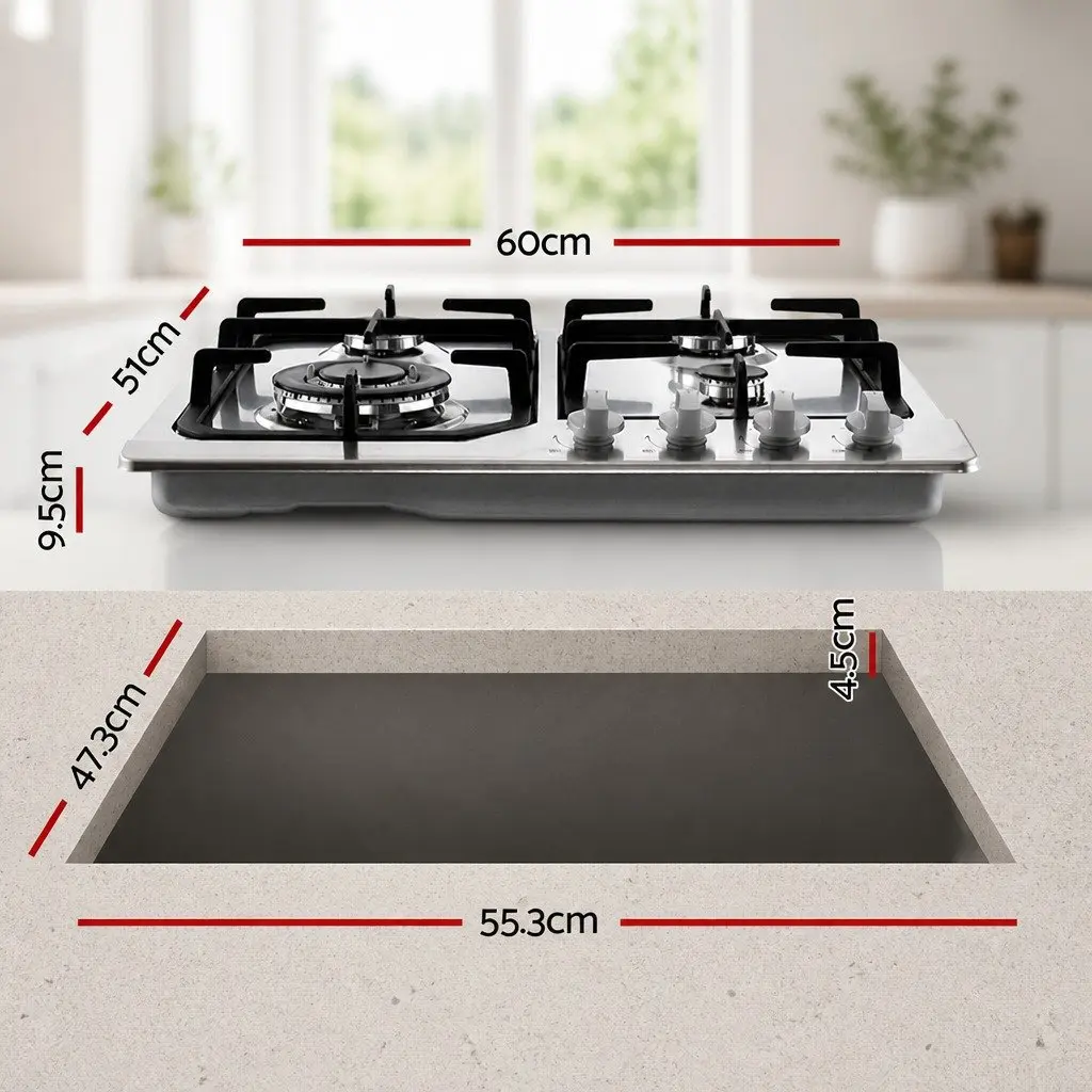 Gas Cooktop 60cm 4 Burner Stainless Steel Built-in Kitchen Cooking Appliance