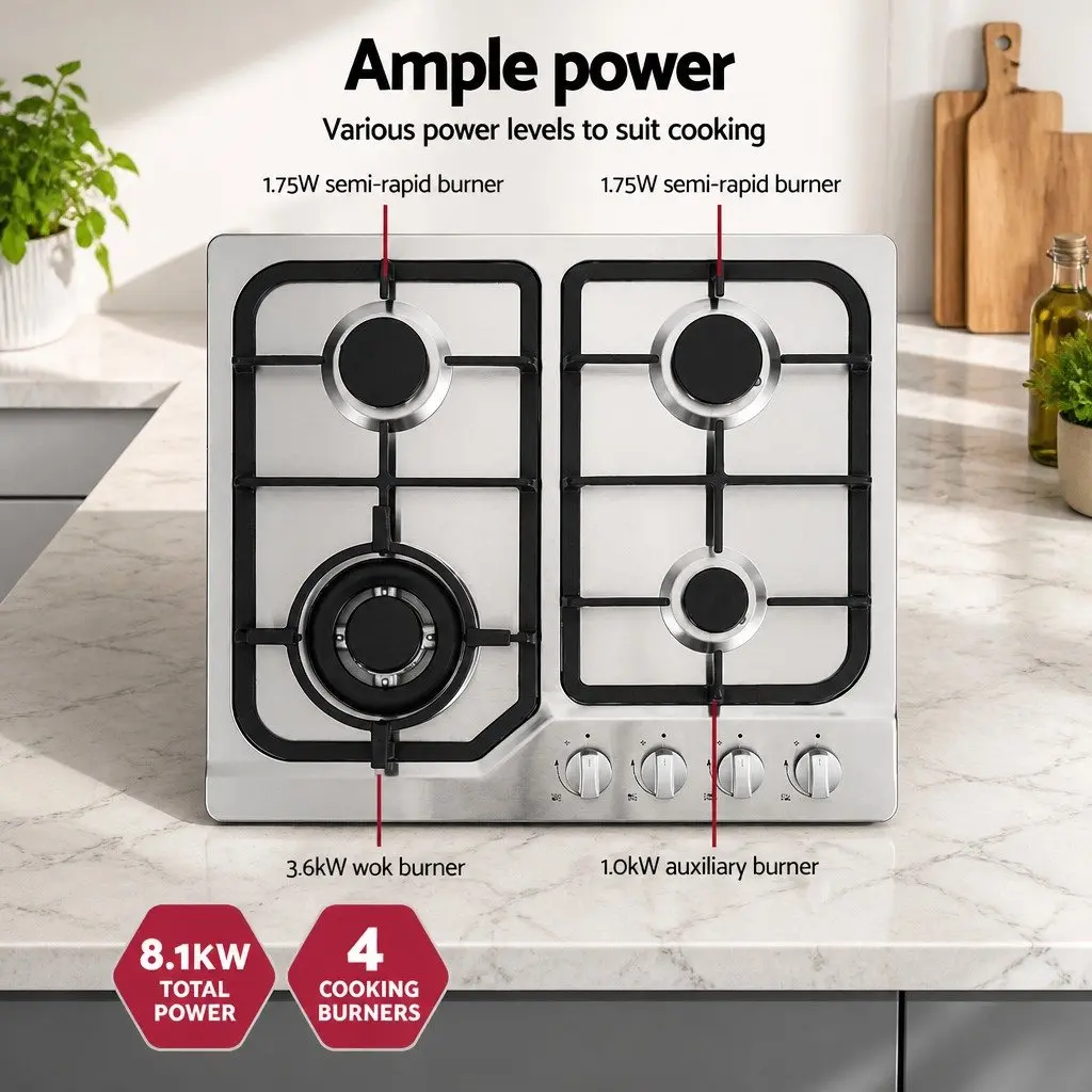 Gas Cooktop 60cm 4 Burner Stainless Steel Built-in Kitchen Cooking Appliance