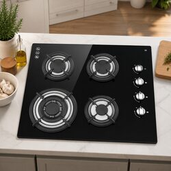 Premium 60cm Black Gas Cooktop with 4 Powerful Burners