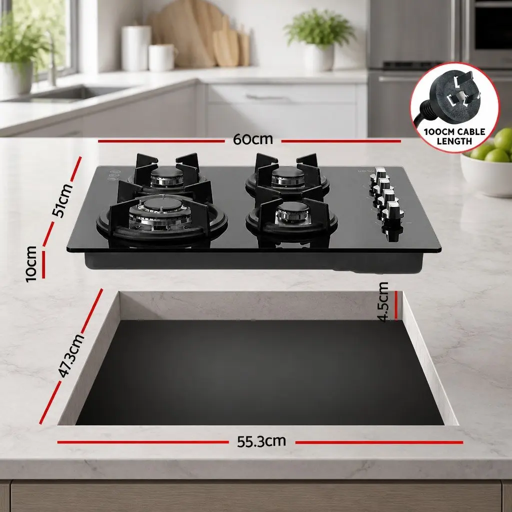 60cm Black Gas Cooktop with 4 Powerful Burners