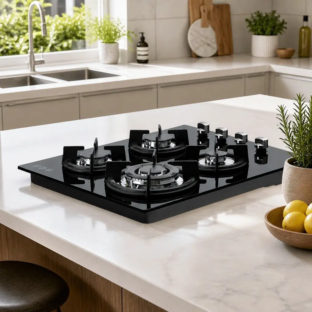 60cm Black Gas Cooktop with 4 Powerful Burners