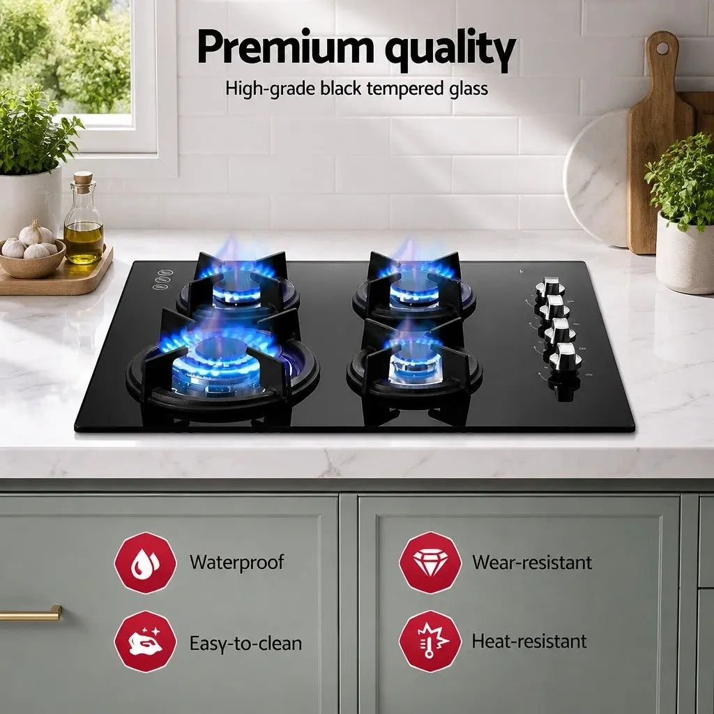 60cm Black Gas Cooktop with 4 Powerful Burners
