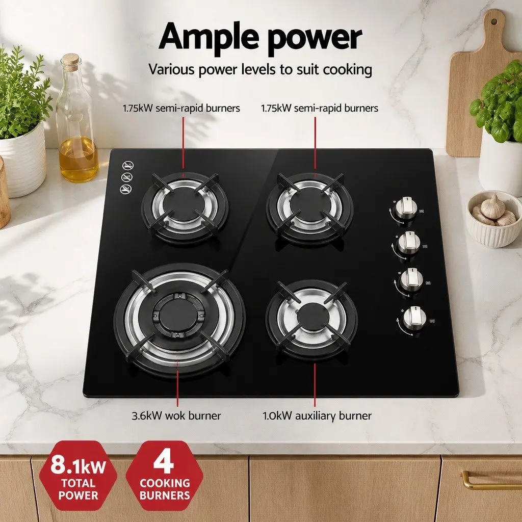 60cm Black Gas Cooktop with 4 Powerful Burners