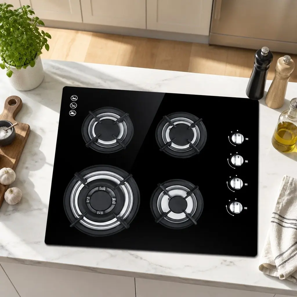 60cm Black Gas Cooktop with 4 Powerful Burners