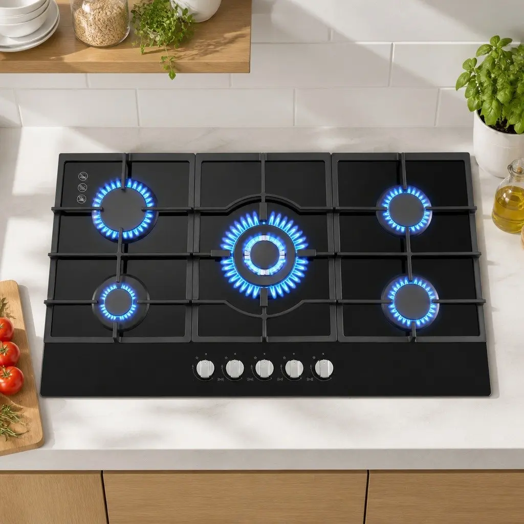 90cm 5 Burner Gas Cooktop with Durable Tempered Glass