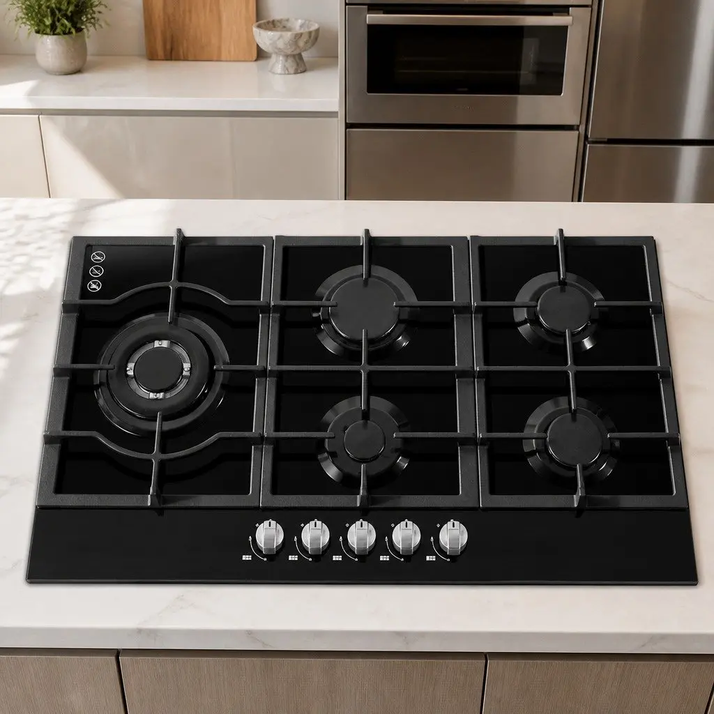 90cm 5 Burner Gas Cooktop with Black Glass