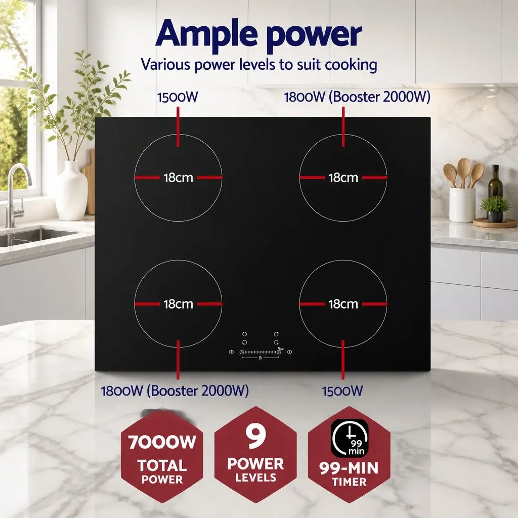 Induction Cooktop Black Ceramic Glass 70cm 4 Zones