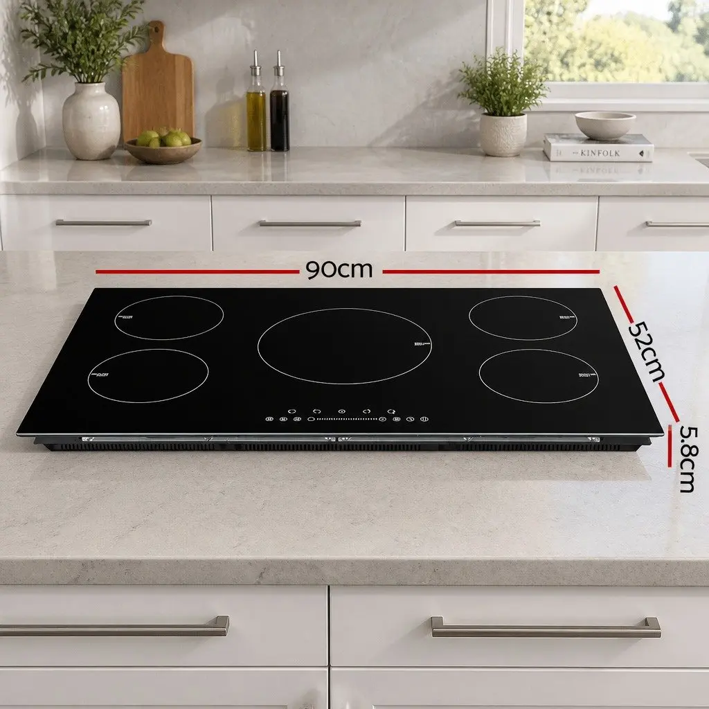 Induction Cooktop Black Glass 90cm Electric Stove 5 Cooking Zones Touch Control
