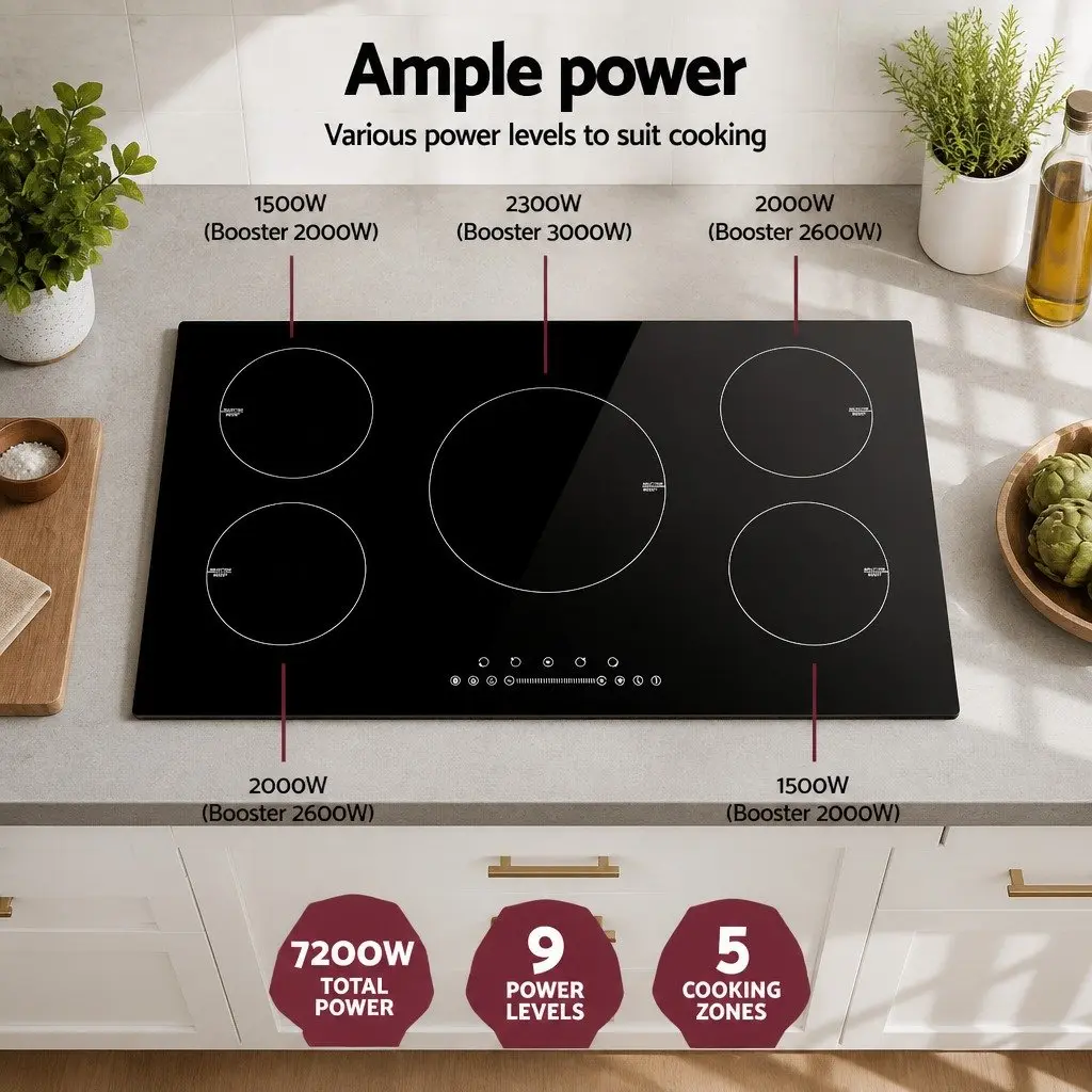 Induction Cooktop Black Glass 90cm Electric Stove 5 Cooking Zones Touch Control