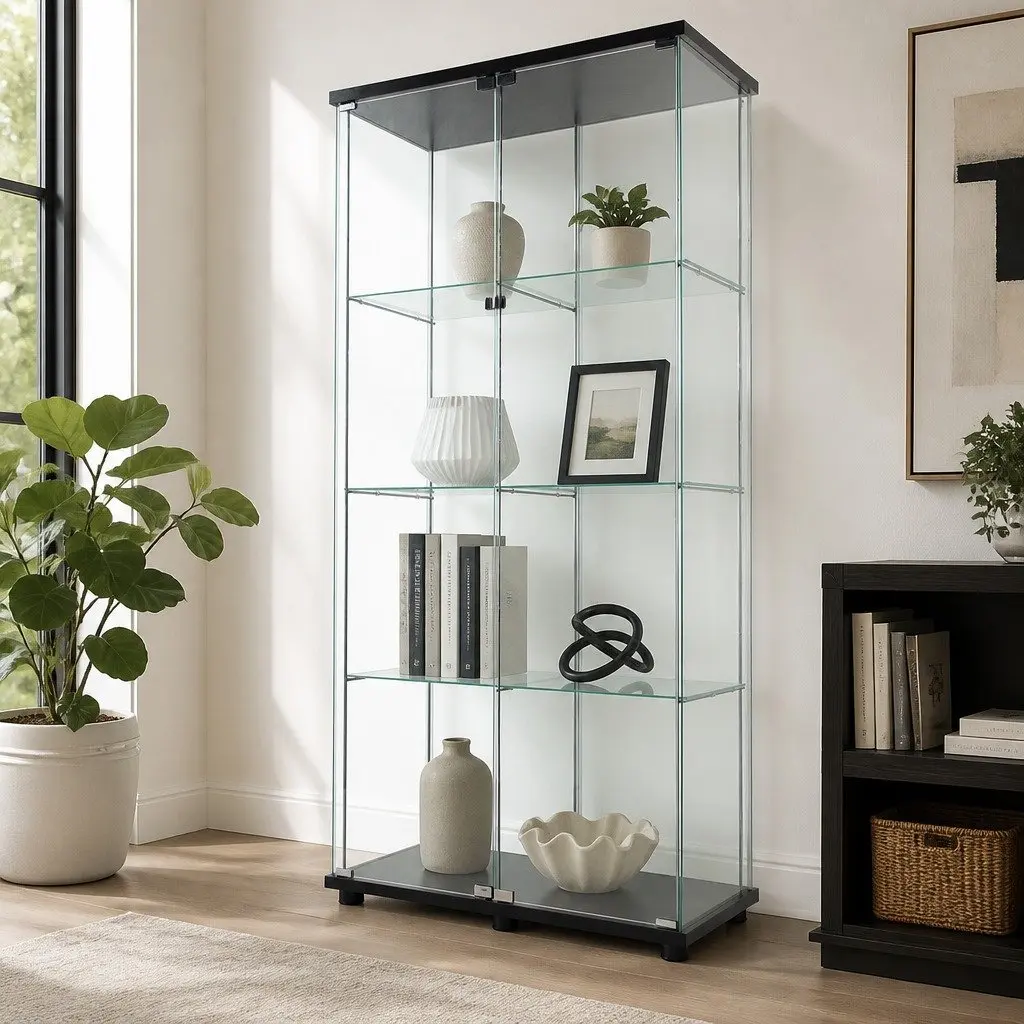 Glass Display Cabinet Tempered Glass 4-Tier 164cm Tall Black