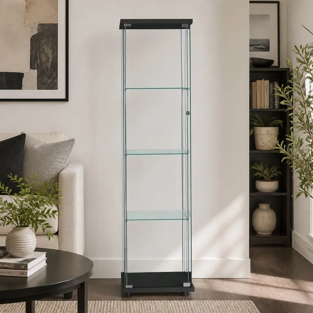 Glass Display Cabinet Tempered Glass MDF 4-Tier Black